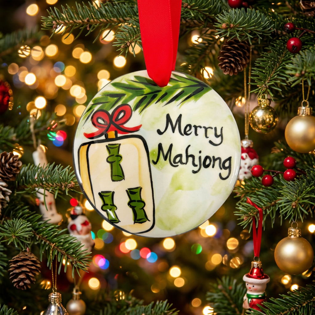 Christmas ornament with 'Merry Mahjong' text and decorative elements on a wooden surface.