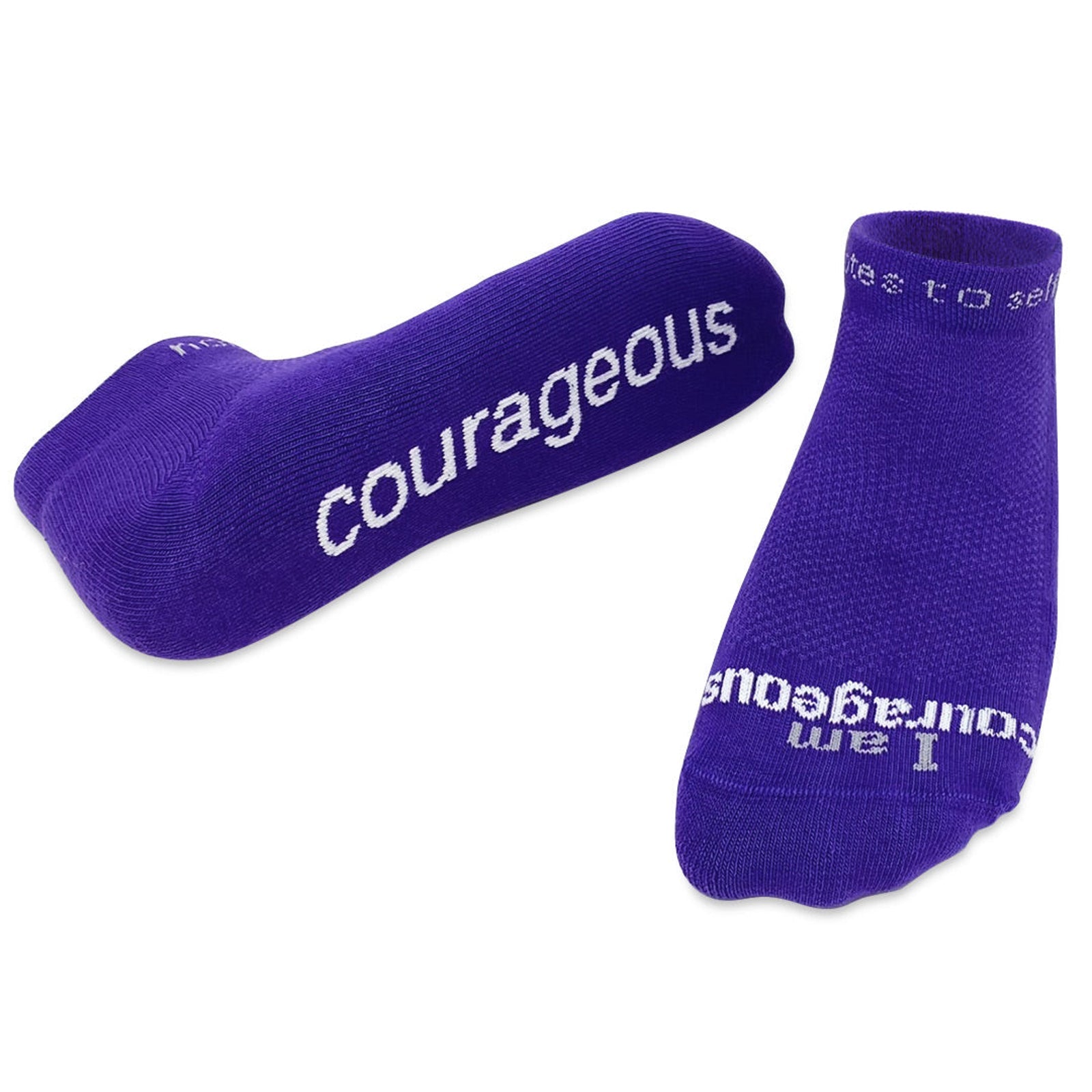 I am Courageous affirmation socks, purple low-cut with white words