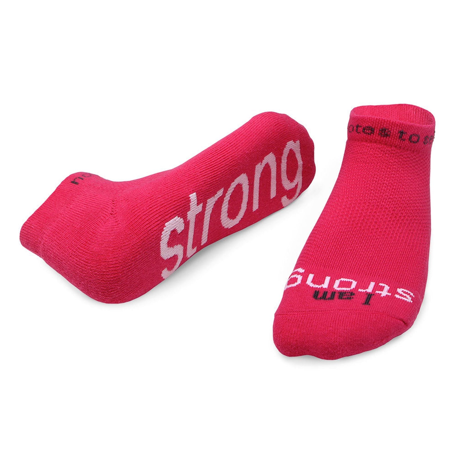 I am Strong affirmation socks, bright pink low-cut with white words
