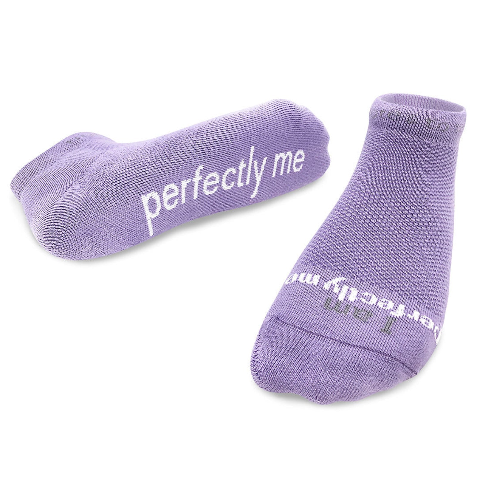 I am Perfectly Me affirmation socks, light purple lilac low-cut