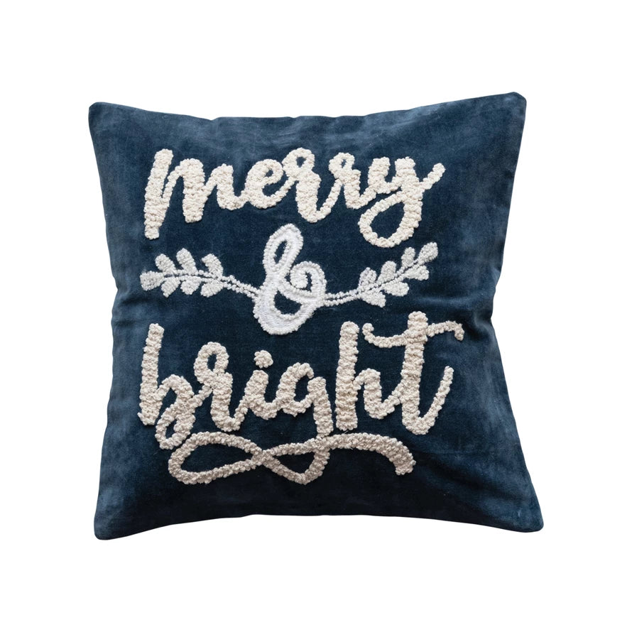 Embroidered "Merry & Bright", Navy Pillow