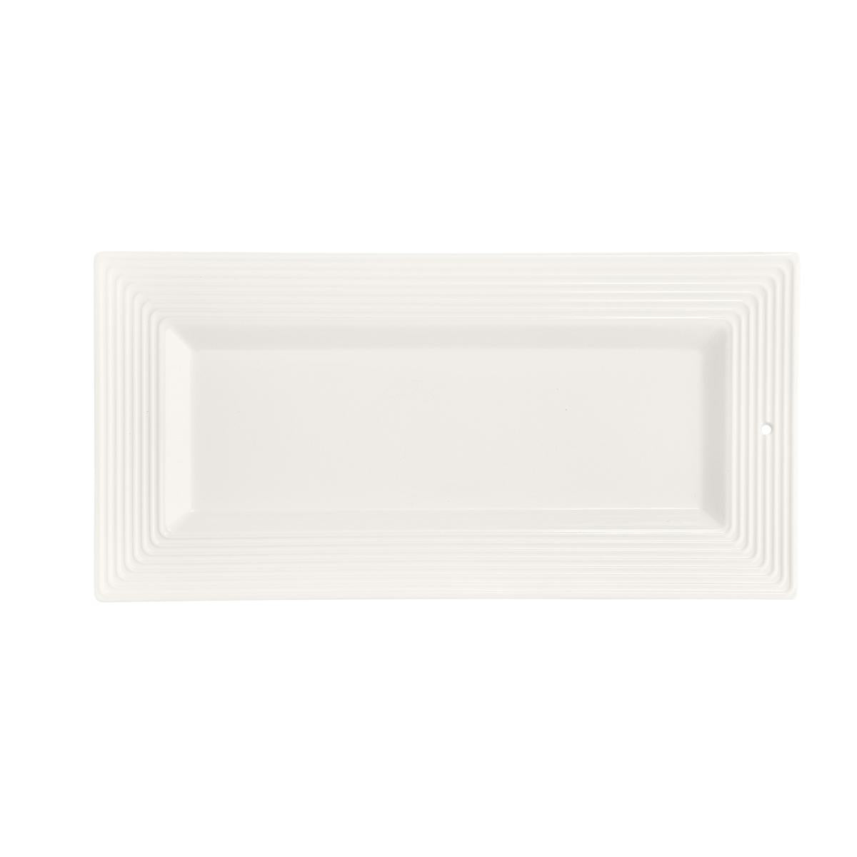 A white rectangular serving tray with pinstripes pattern.